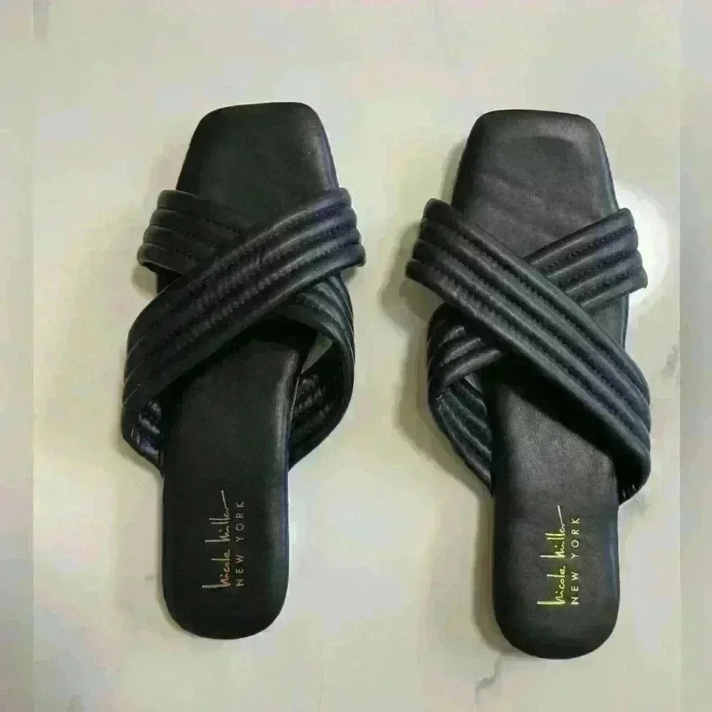 NICOLE MILLER Womens CROSS STRAP SANDAL SLIDE FLAT Black Size 8.5